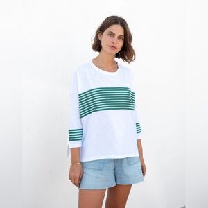 Mersea Catalina Slub Tee - White & Forest Green Stripe Size OS
